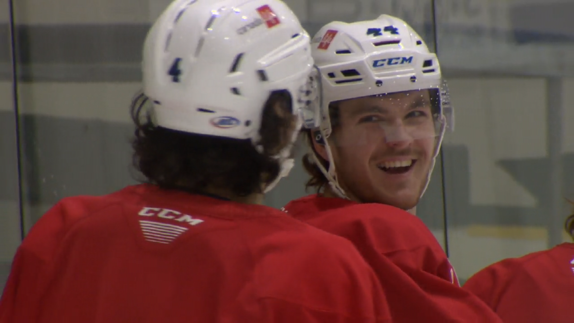 Moose defenceman Dylan Samberg talking to teammate, Johnny Kovacevic in between drills at Moose practice.