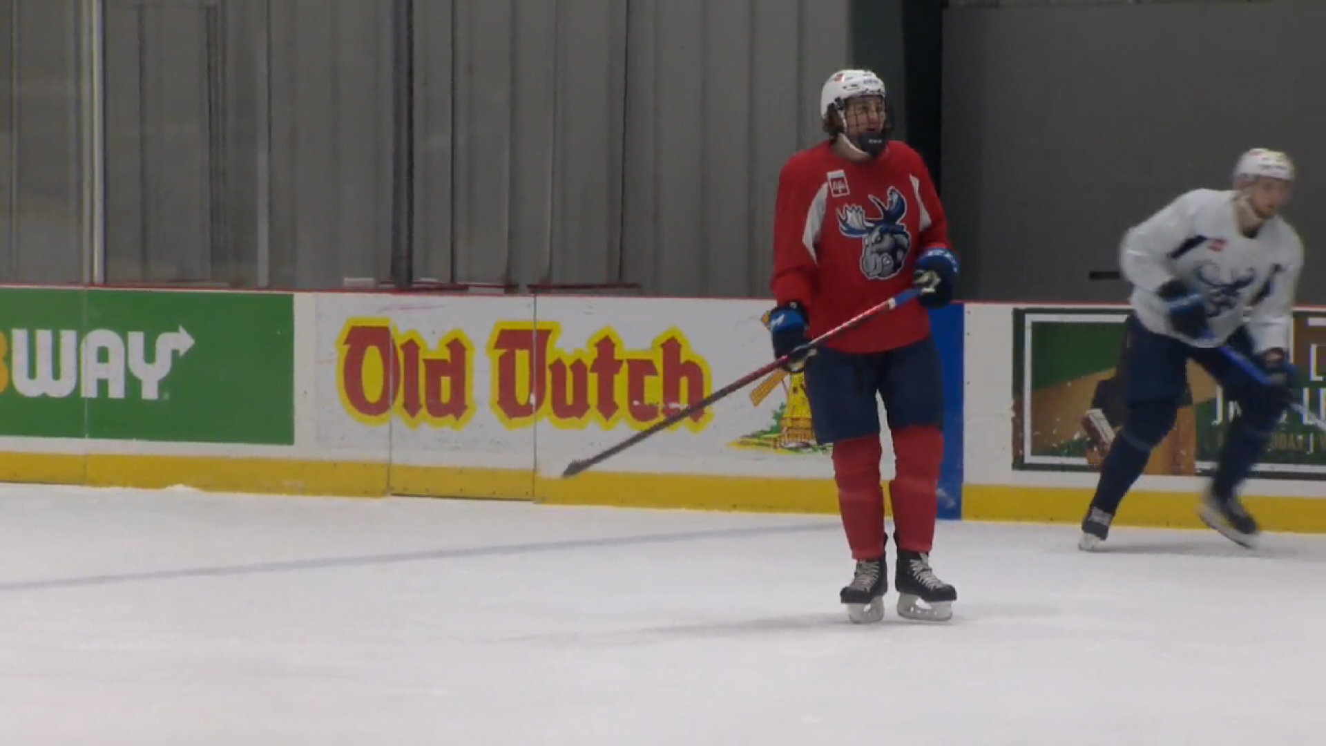 Moose defenceman Leon Gawanke participating in practice at the Bell MTS Iceplex.