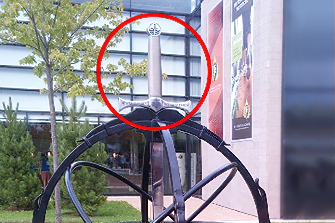 Peterborough police say part of a statue (circled) was stolen .