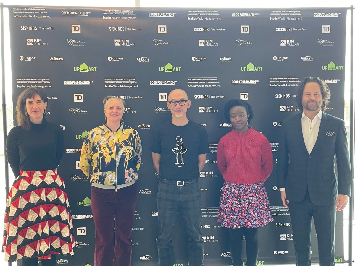 Left to right: Julie Bevan, executive director of Museum London; Chuck Lazenby, executive director of Unity Project; Ed Pien, UPwithART guest artist; Amsa Yaro, UPwithARTist; and , Van Simpson, presenting sponsor.