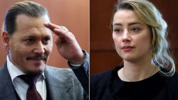 Johnny Depp (left) and Amber Heard (right) at the Fairfax County Circuit Court in Fairfax, Virginia, on April 28, 2022