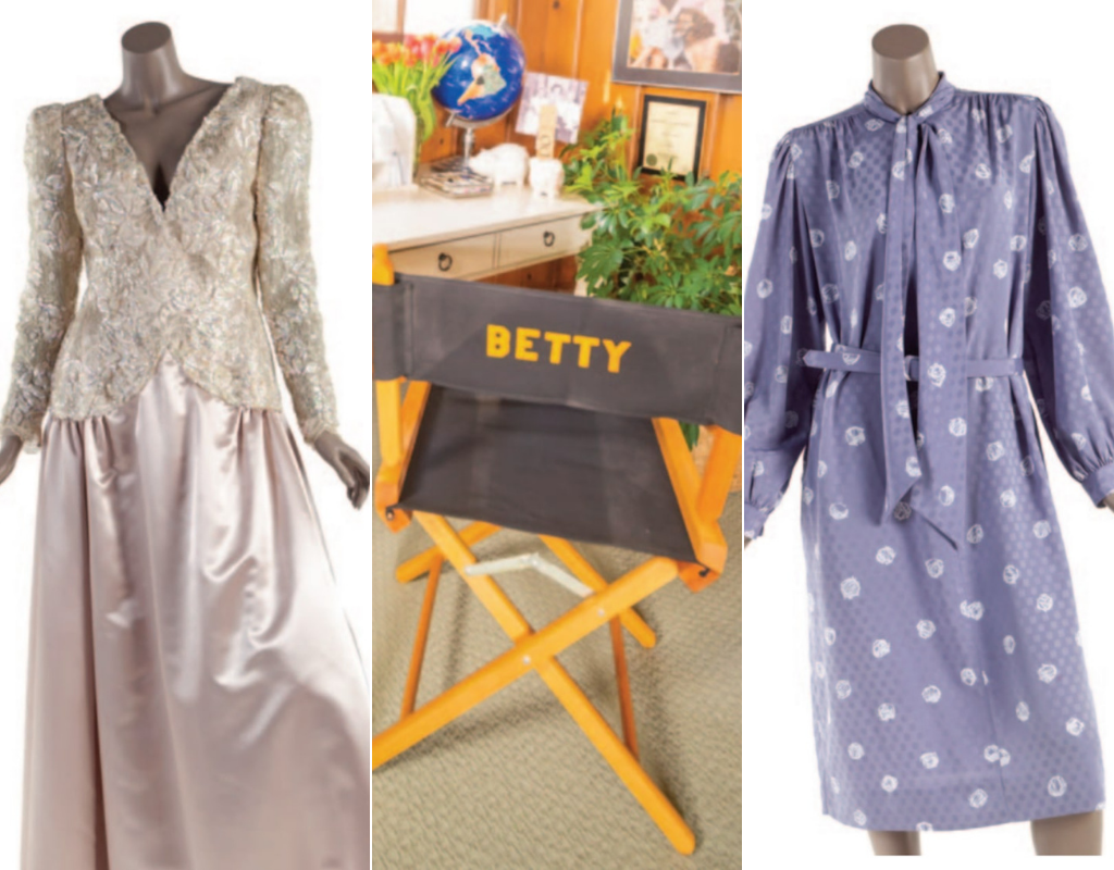 Items up for auction (L-R) include: A taupe lace and satin gown worn by White to the '42nd Annual Primetime Emmy Awards,' White’s director chair from "The Golden Girls." and a silky lavender dress with artistic white dots worn by White in 1986 publicity images for "The Golden Girls."