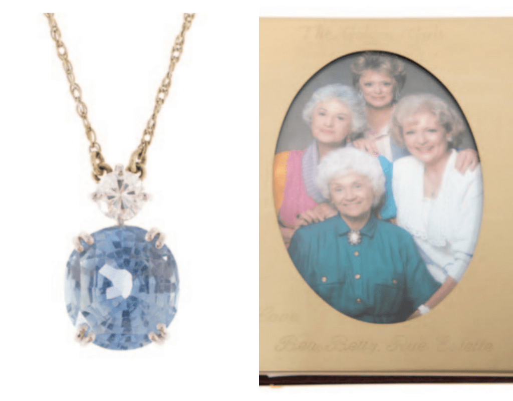 A 14-carat white gold necklace with a brilliant aquamarine sapphire gem pendant is up for grabs, as well as a framed photo of "The Golden Girls."