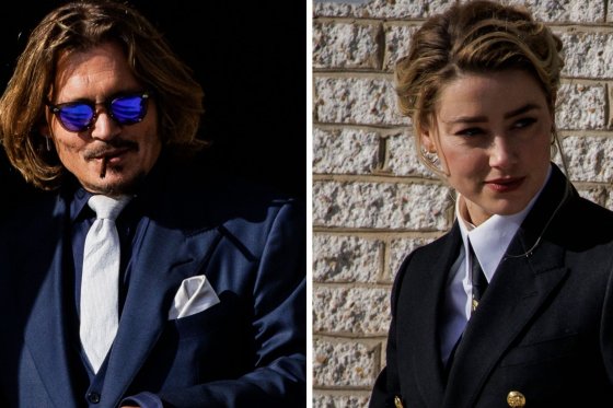 Johnny Depp (pictured April 12, 2022) and Amber Heard (pictured April 13, 2022) outside the Fairfax County Circuit Court
