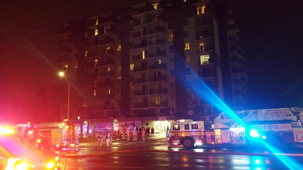 Firefighters battle a multiple alarm blaze at a Hamilton Mountain apartment complex on Upper Gage Avenue Wednesday April 13, 2022.