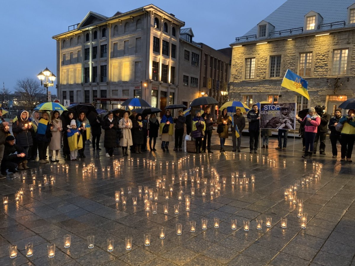 Vigil held in Montreal's Jacques Cartier Plaza in support for Ukraine and its people. Thursday April 21st, 2022.