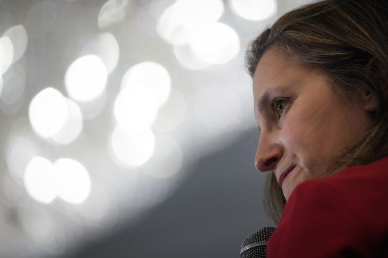 Finance Minister Chrystia Freeland looks off to the left of the image.