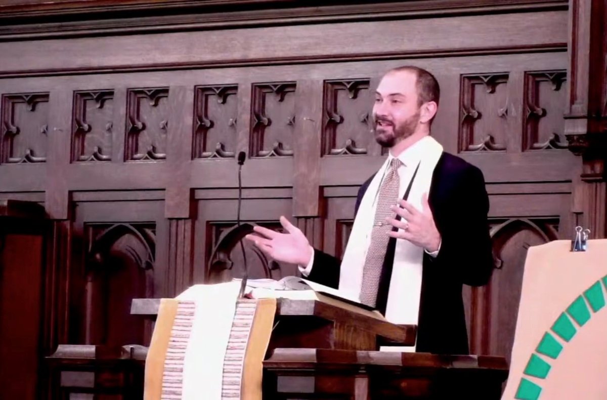 Lead Pastor Rev. John Edgerton speaks from the pulpit at the First United Church of Oak Park. 