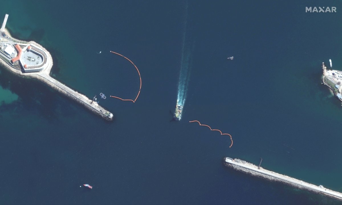 Close-up satellite image of two Russian dolphin pens in the Black Sea.