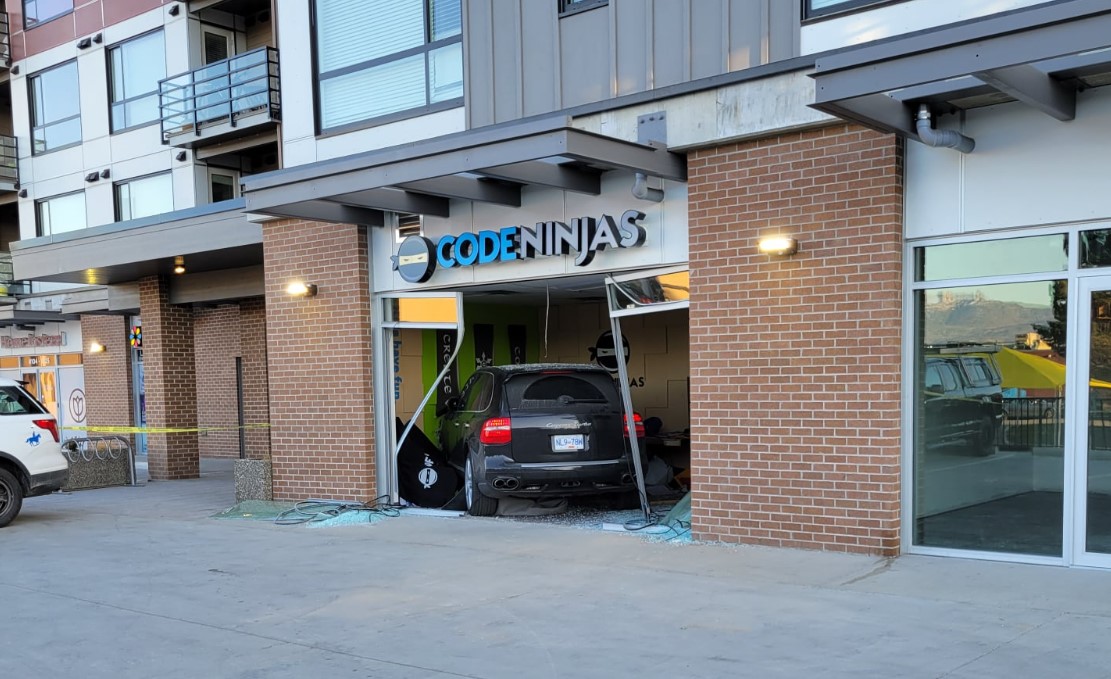 A Porsche Cayenne drove through the window of a  Kelowna business Wednesday morning. 