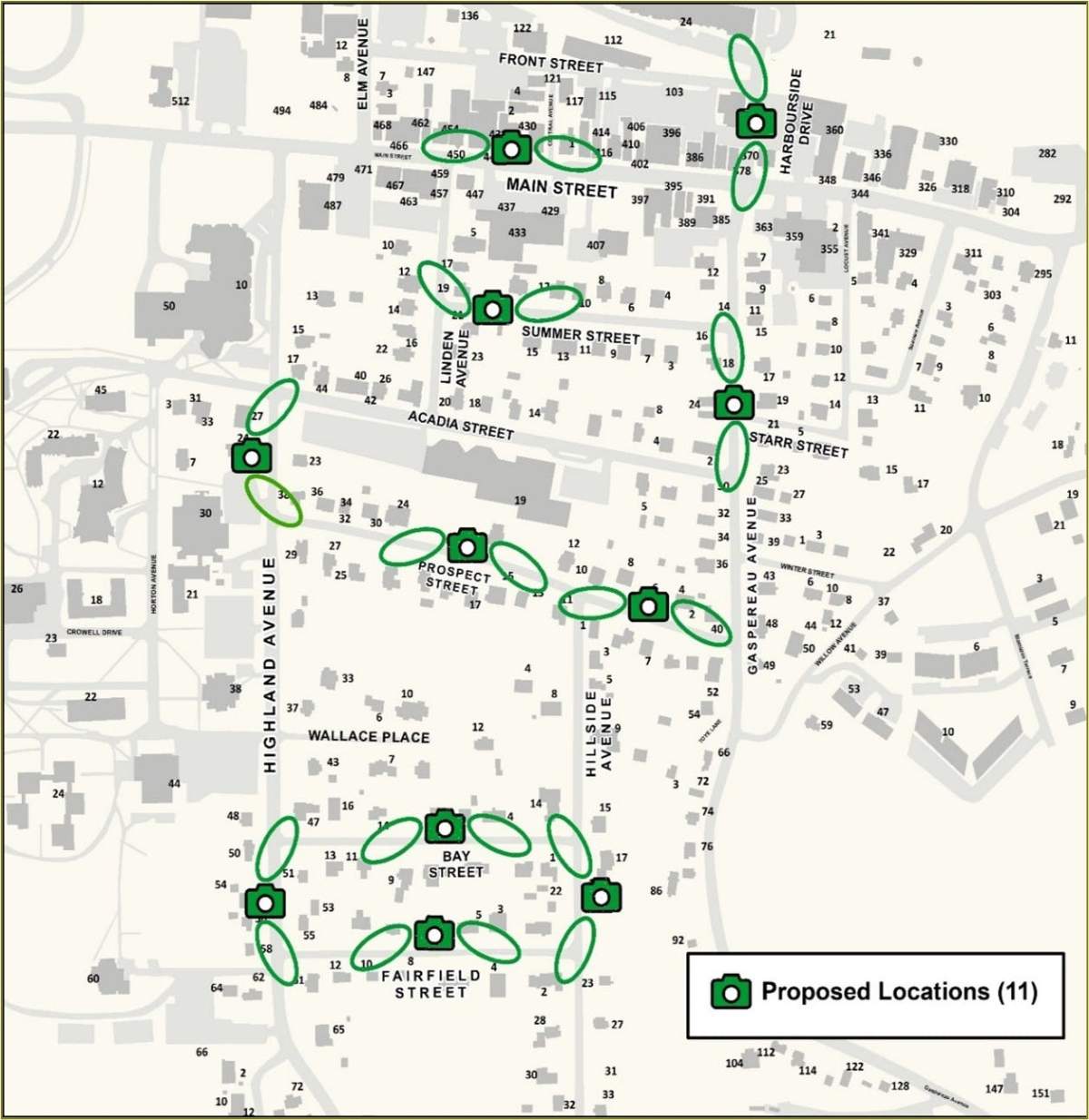 Proposed locations for the Town of Wolfville’s video camera pilot project.