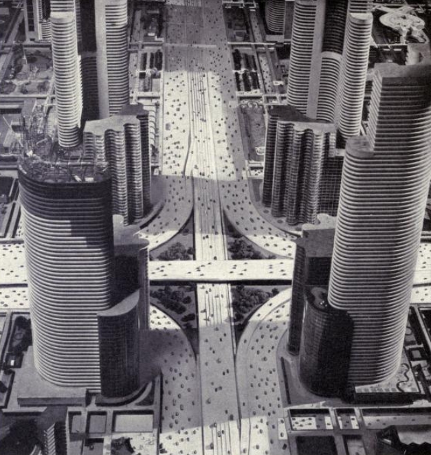 An image of the 1939 General Motors-sponsored Futurama diorama that was meant to depict a futuristic city. The model city was created by Norman Bel Geddes and was characterized by expansive suburbs and urban freeways.
