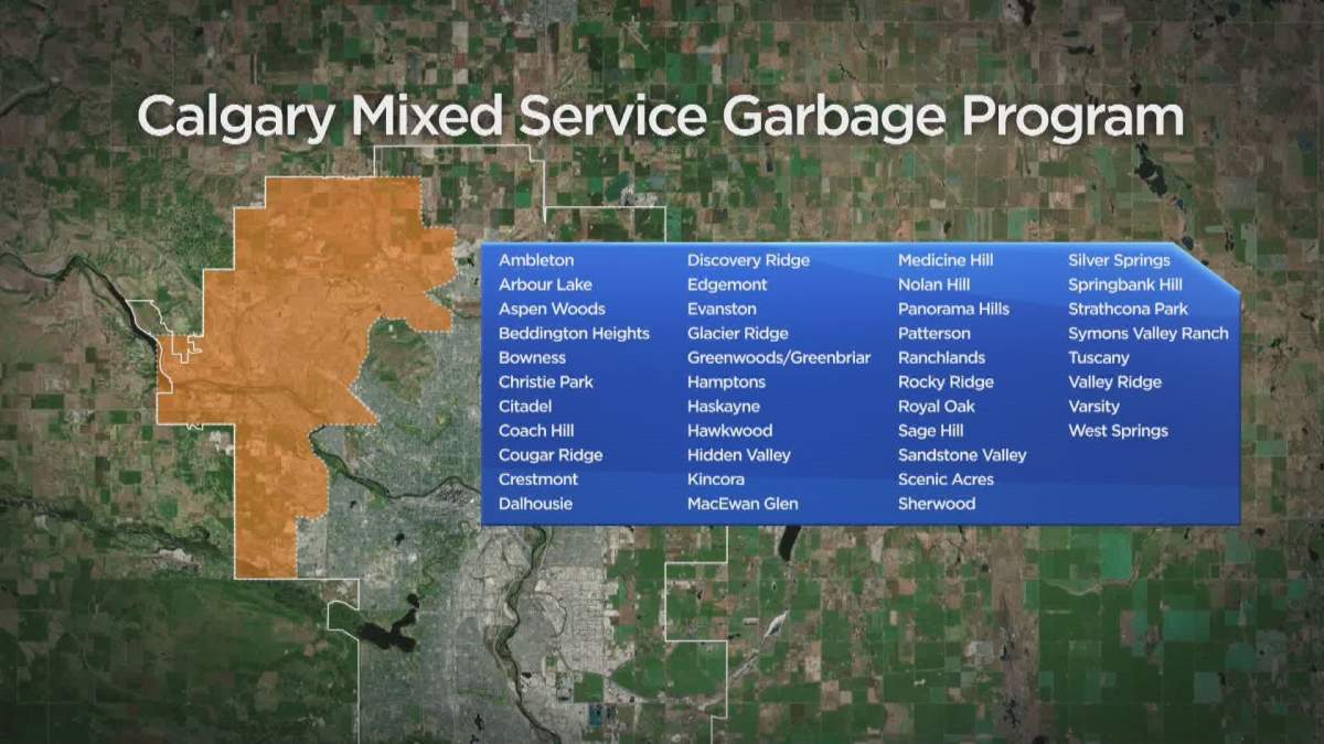 The list of 41 neighbourhoods in which the City of Calgary is piloting privatized black bin garbage collection.