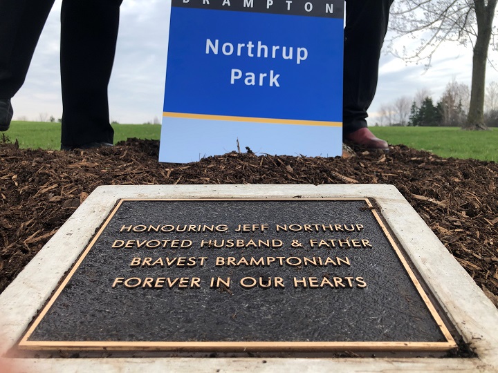 Plaque and tree in memory of Toronto police officer Jeffrey Northrup.