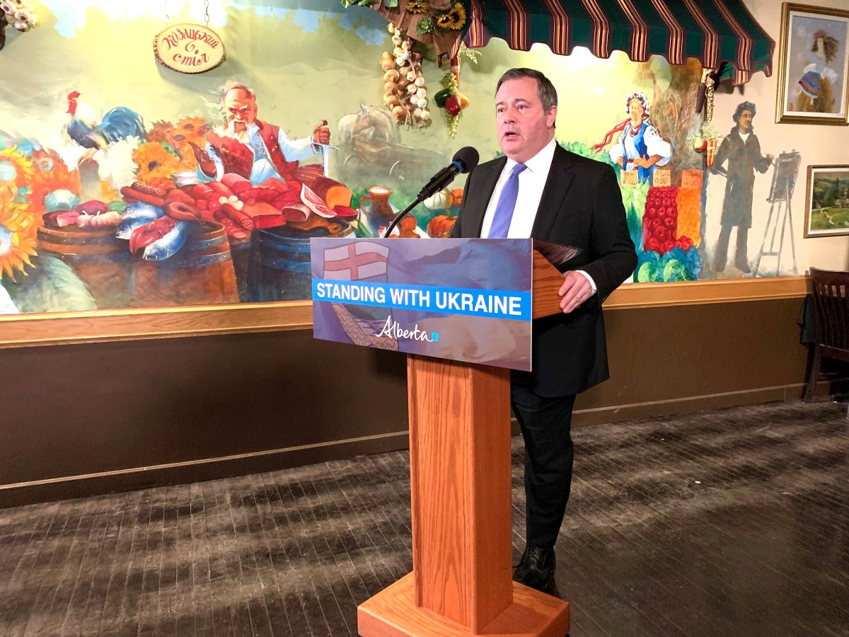 Premier Jason Kenney speaks at Taste of Ukraine in St. Alberta, Alta., Wednesday, April 20, 2022.