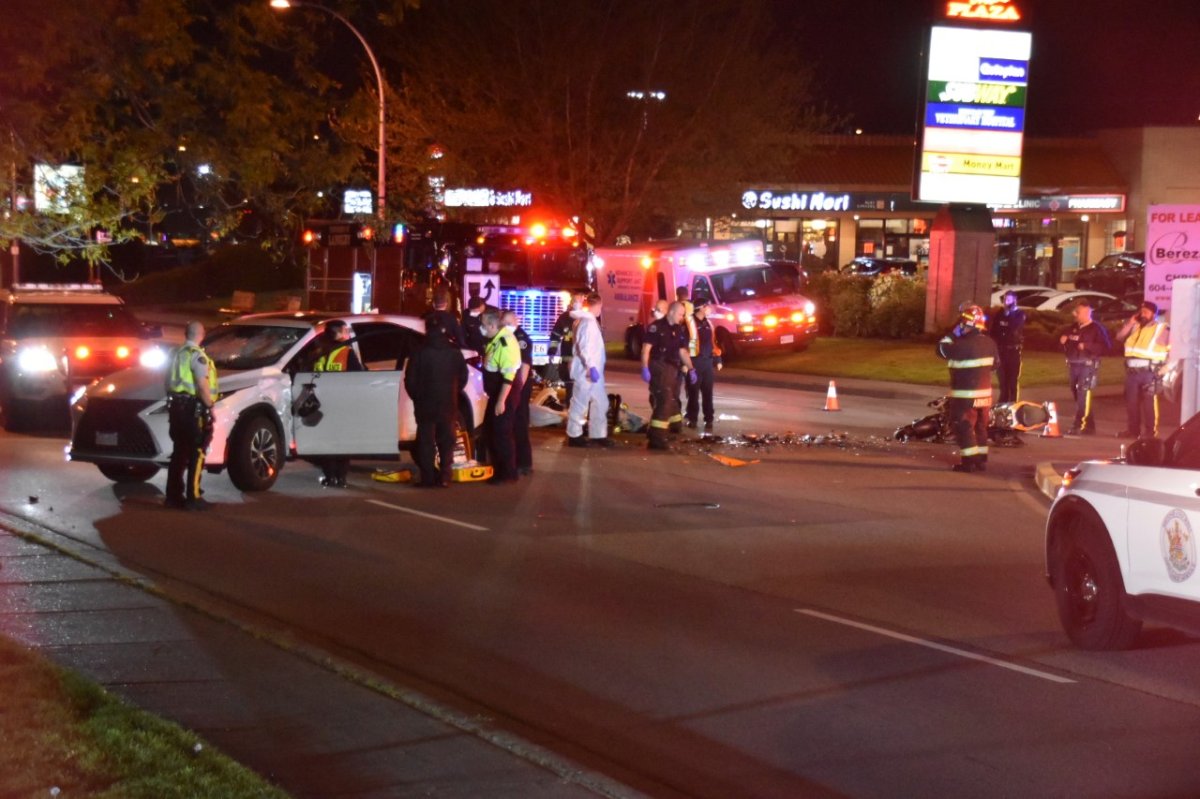 A collision between a car and a motorcycle in Langley Friday night left one person dead and another seriously hurt. 