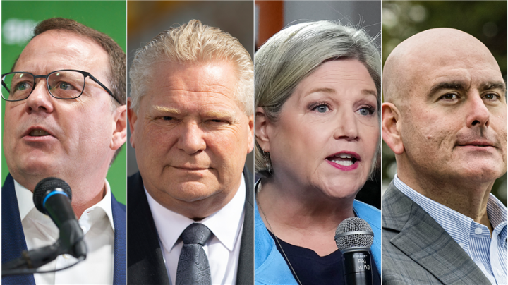 Ontario party leaders. From left to right: Green Party Leader Mike Schreiner, PC Leader Doug Ford, NDP Leader Andrea Horwath, and Liberal Party Leader Steven Del Duca.