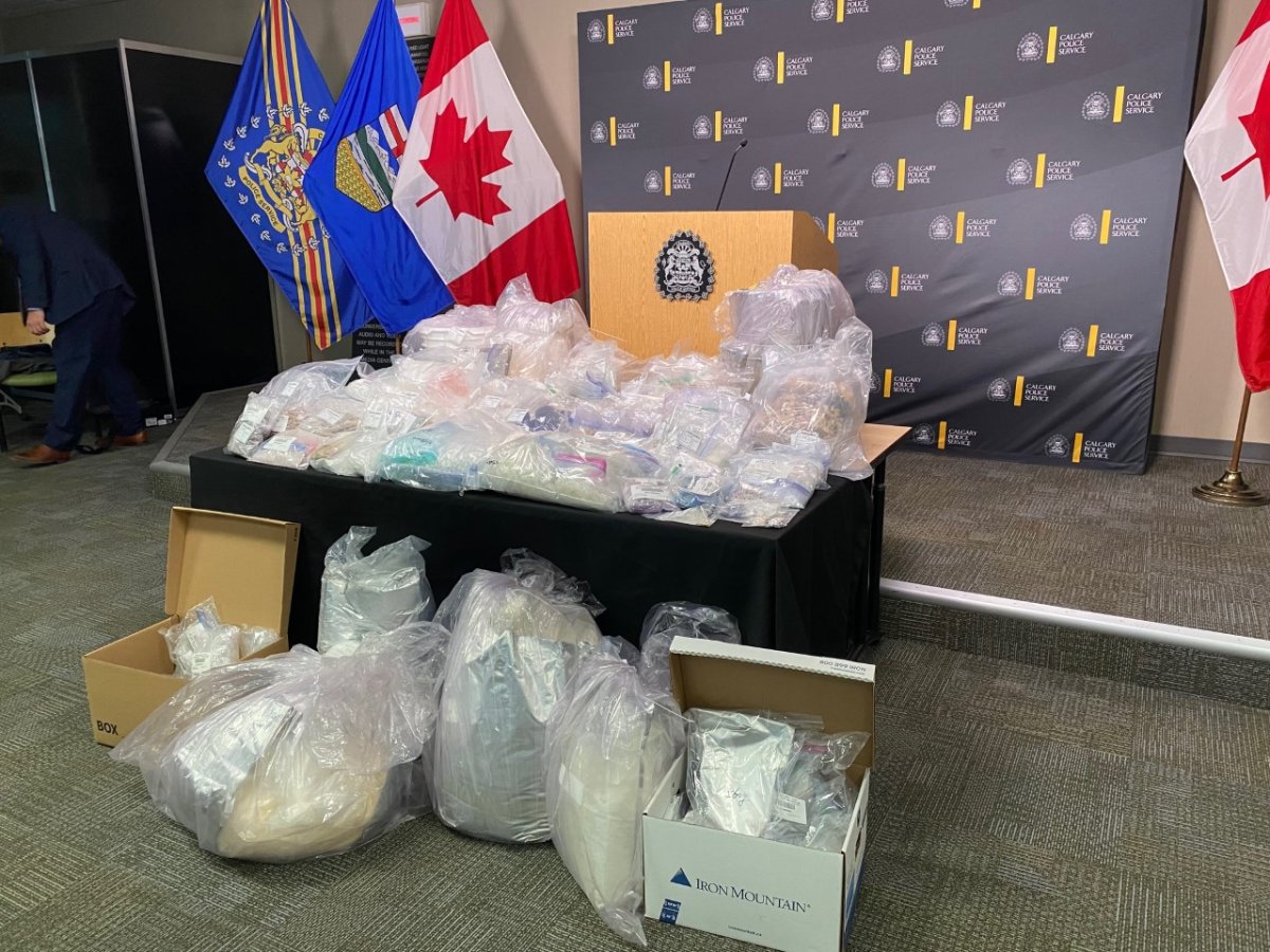 A picture of the seized items during a April 7 search of two Chestermere properties and one property in northwest Calgary.
