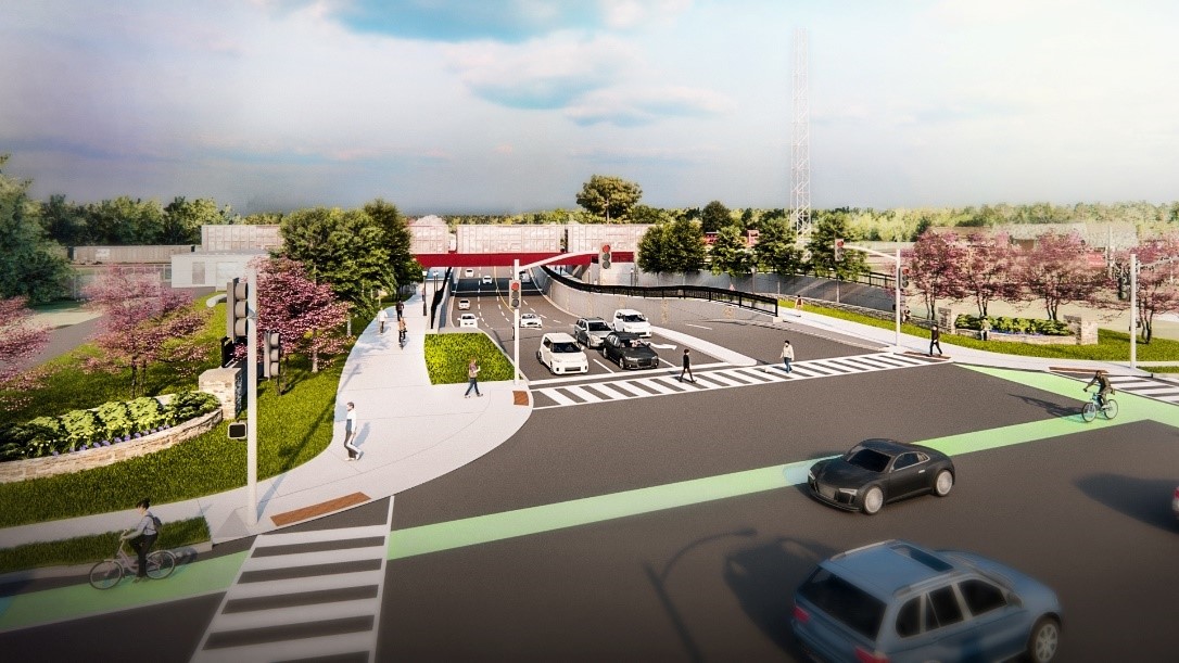  A design rendering of the Adelaide Street North Underpass from Central Avenue and Adelaide Street North, facing north.