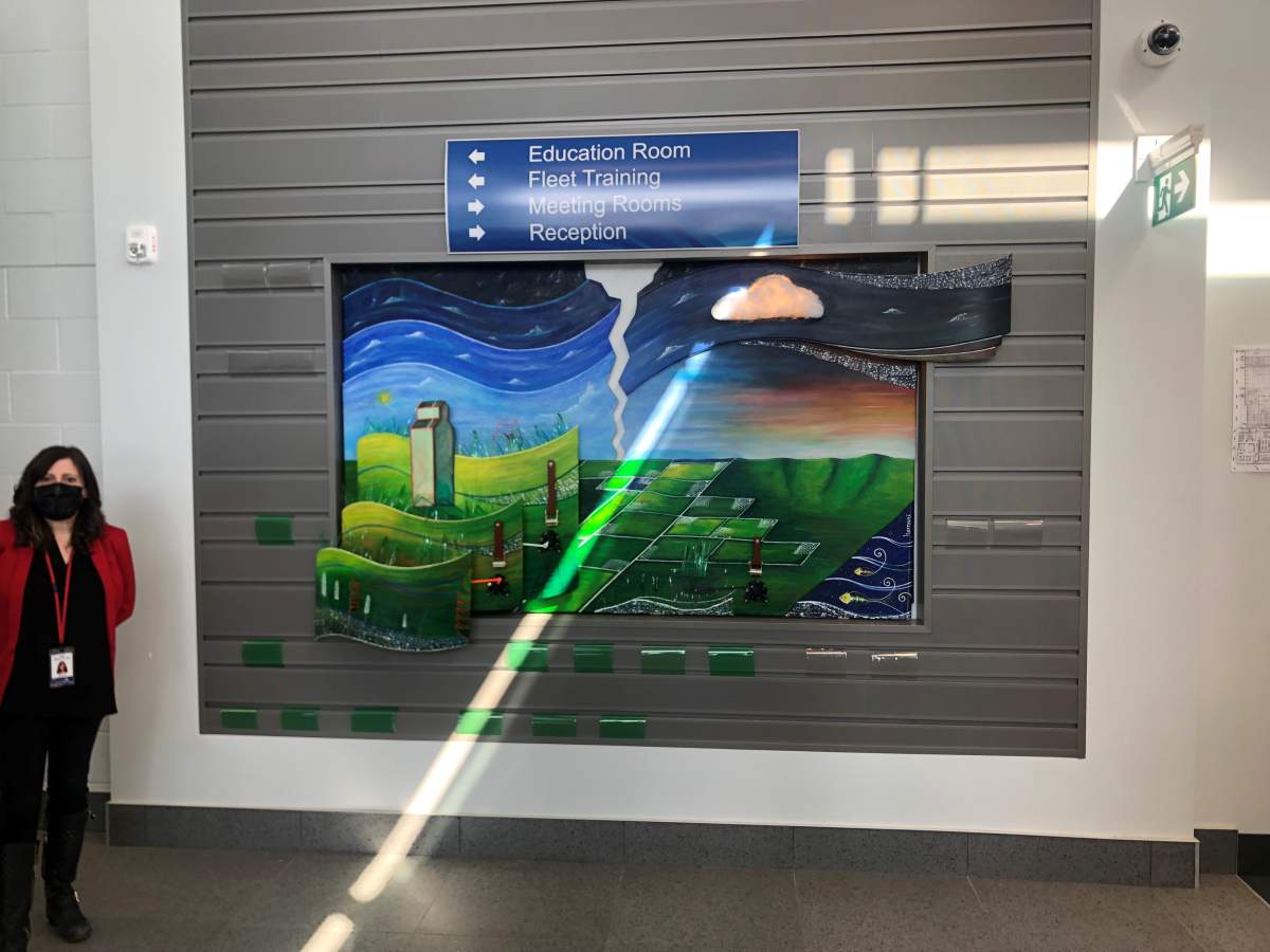 Hernani’s artwork hangs in the entrance of the city of Regina’s new Waste Management Centre.