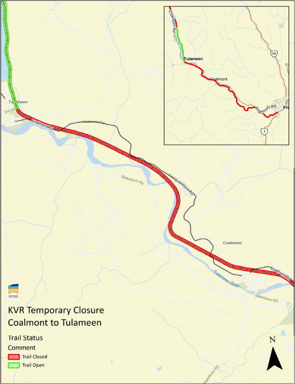 A map showing the closure of the KVR Trail between Tulameen and Princeton.