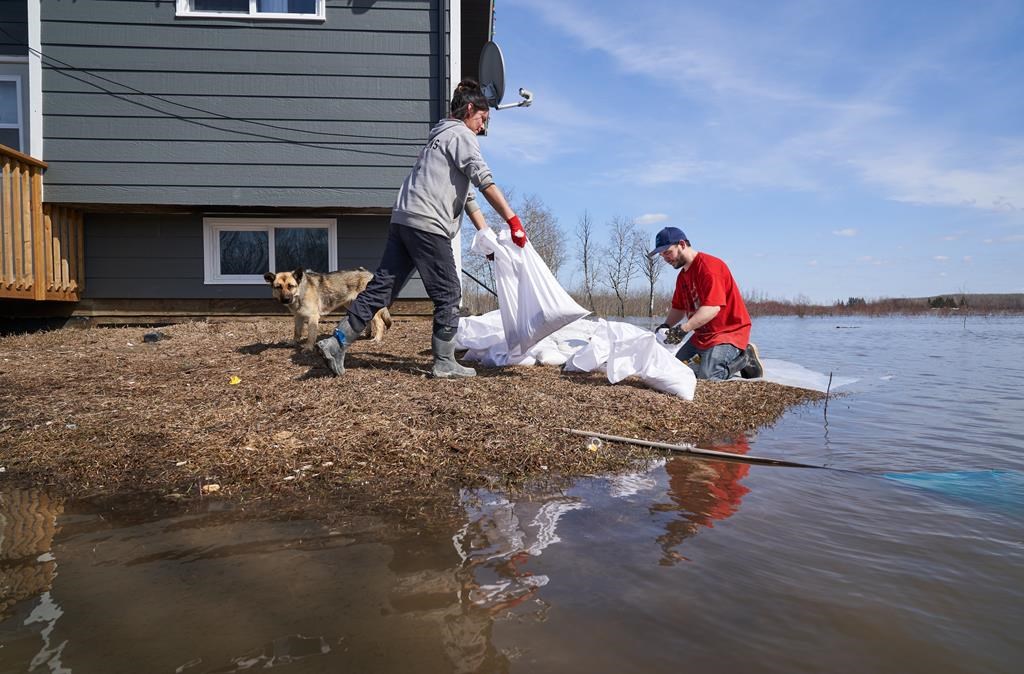 Rebecca Sutherland of Peguis First Nation, and volunteer Shaine Paul sandbag a home at risk of flooding in Peguis First Nation, Man., Wednesday, May 4, 2022. The marshy delta of Manitoba's Fisher River was not the original home of the First Nation. But having been relocated there more than a century ago after an illegal land transfer, and facing increased flooding in recent decades, the community is hoping to get some permanent infrastructure for protection.