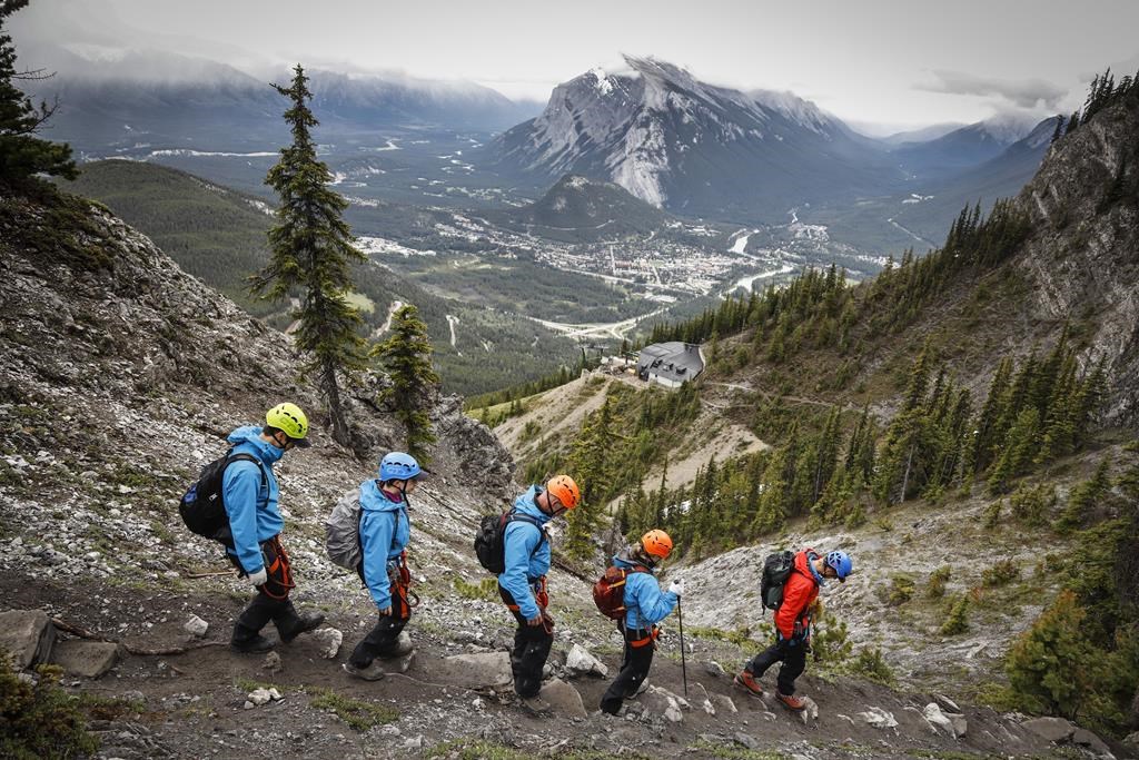 Guide Eli Schellenberg, in red, leads climbers down from the summit of the Mt. Norquay Via Ferrata near Banff, Alta., Thursday, June 20, 2019.