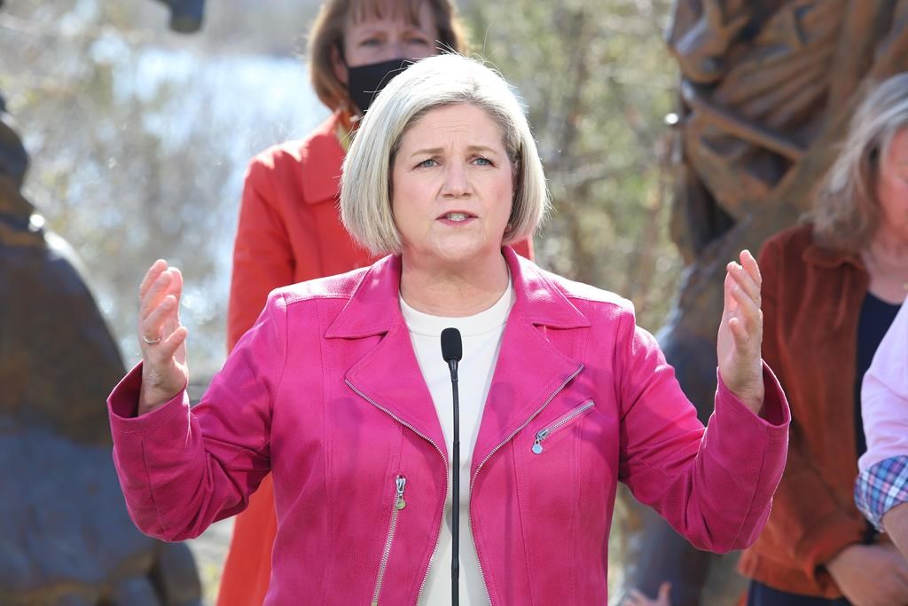 Ontario NDP Leader Andrea Horwath announces her party’s northern platform at Bell Park in Sudbury, Ont., Monday, May 9, 2022.