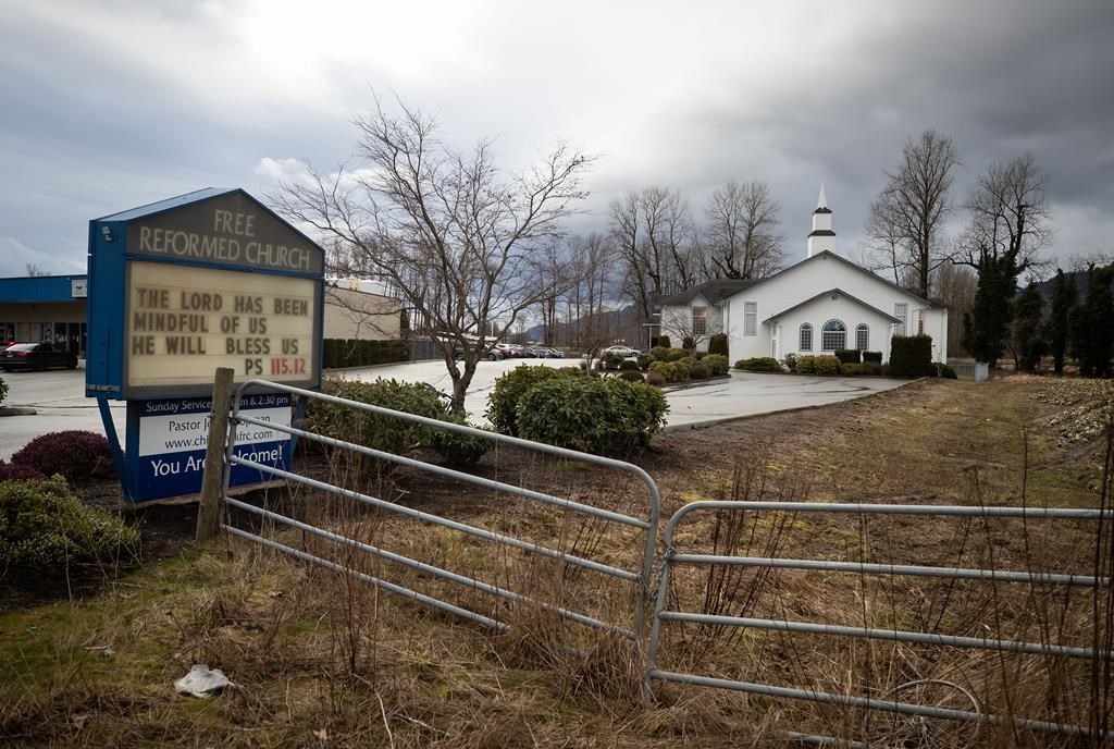 Free Reformed Church in Chilliwack, B.C., is seen as people attend Sunday Service, in Chilliwack, B.C., on Sunday, February 21, 2021. THE CANADIAN PRESS/Darryl Dyck.