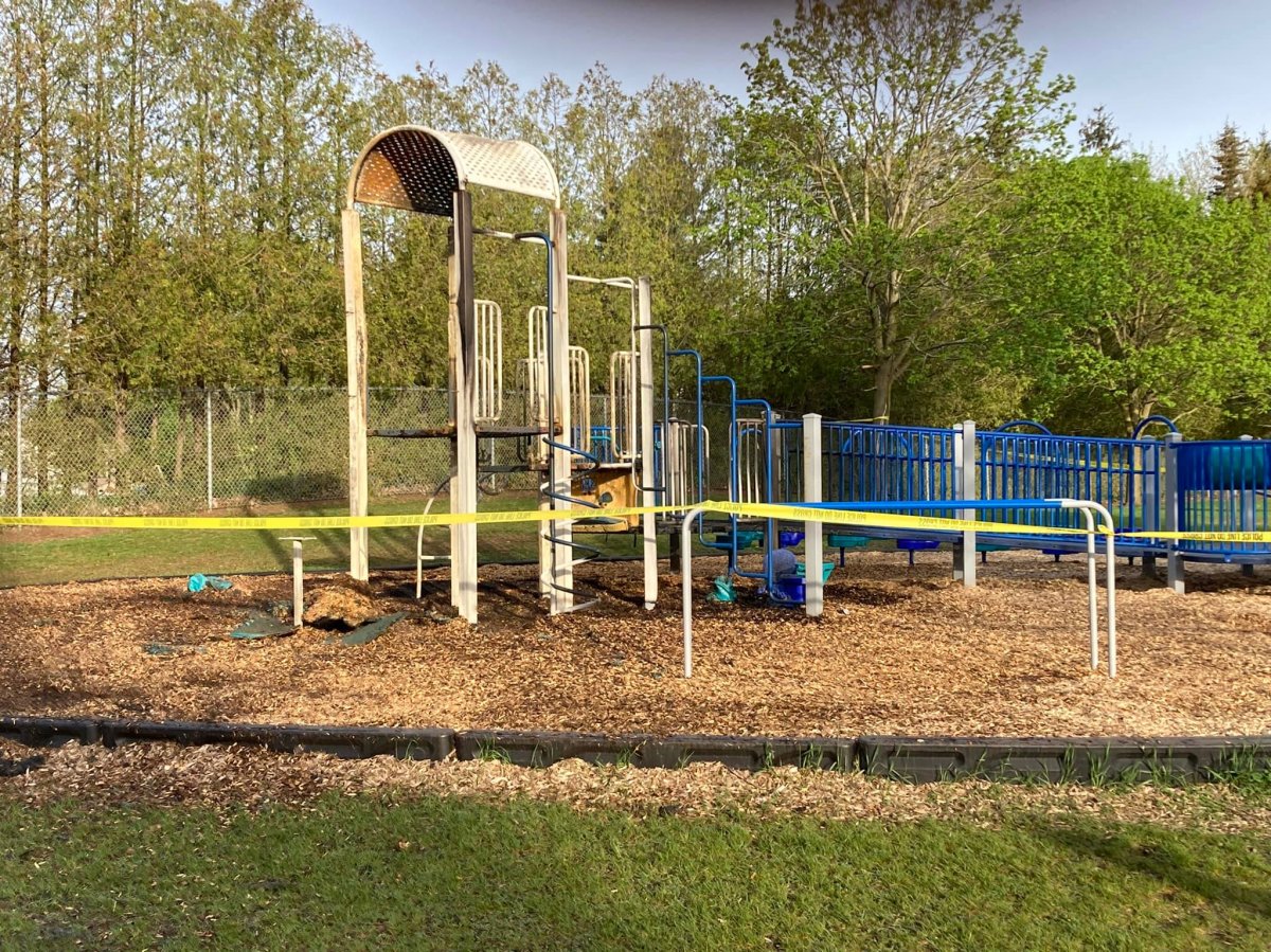 A playground at St. Vincent De Paul Catholic School in Strathroy, Ont. damaged in an alleged arson, May 12, 2022.