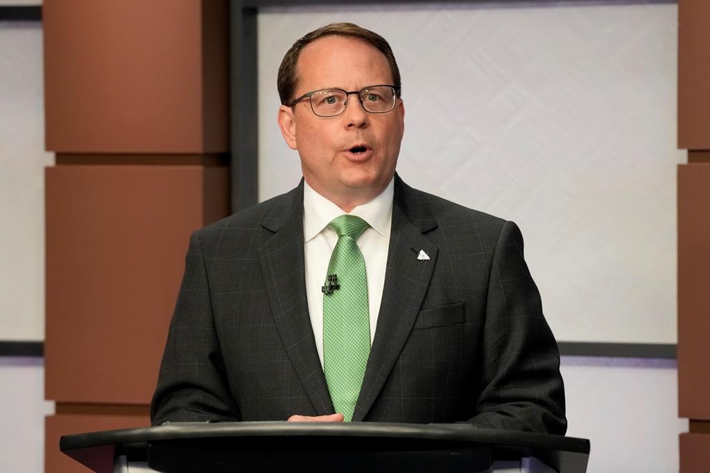 Green Party of Ontario Leader Mike Schreiner speaks during the Ontario party leaders' debate, in Toronto, Monday, May 16, 2022. THE CANADIAN PRESS/Frank Gunn.