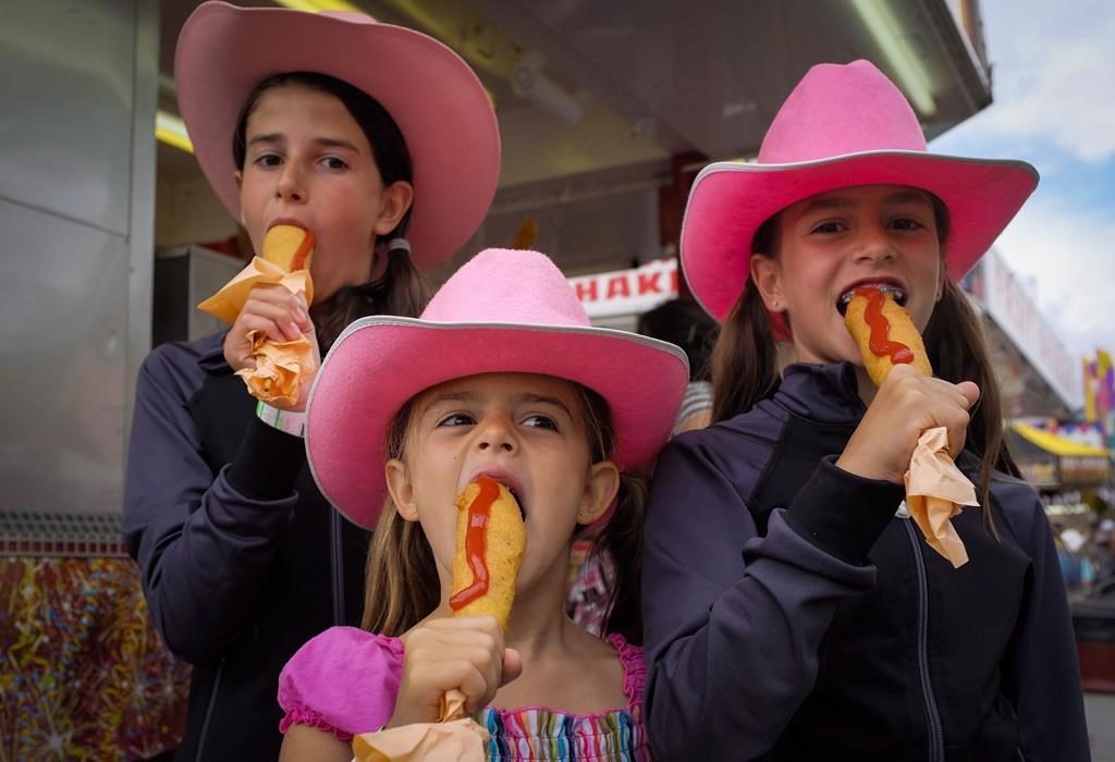 Sisters Ava, Sophia and Elena Sangster (left to right) enjoy corn dogs at the Calgary Stampede on Saturday, July 9, 2016. The Canadian government is awarding nearly $12 million in funding to support the return of a full-scale Calgary Stampede this year. THE CANADIAN PRESS/Jeff McIntosh.