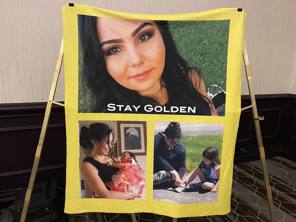 Photos of Chantel Moore are displayed at the coroner’s inquest into her death in Fredericton, Tuesday, May 17, 2022. The pathologist who conducted the autopsy on Chantel Moore says the 26-year-old Indigenous woman died as a result of gunshot wounds. CANADIAN PRESS/Kevin Bissett