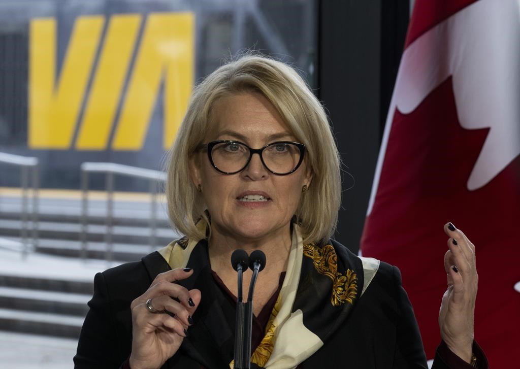Cynthia Garneau speaks during a news conference at the train station in Ottawa, Tuesday, November 30, 2021 in Ottawa. The federal transport minister says the Via Rail Canada Inc. President and CEO has resigned. THE CANADIAN PRESS/Adrian Wyld.