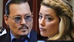 This combination of two separate photos shows actors Johnny Depp, left, and Amber Heard in the courtroom for closing arguments at the Fairfax County Circuit Courthouse in Fairfax, Va., on Friday, May 27, 2022.