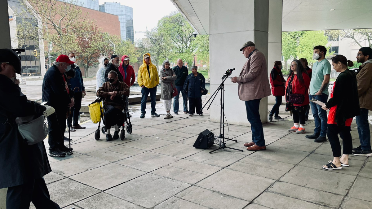ACORN, the Hamilton Community Benefits Network and Environment Hamilton hold a press conference in front of City Hall to urge the city to pass inclusionary zoning ahead of the LRT subcommittee meeting. 