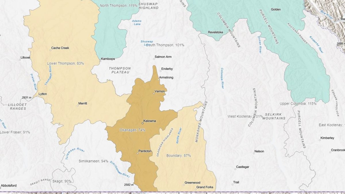 A map from the B.C. River Forecast Centre showing snowpack levels across the Southern Interior. The Okanagan’s snowpack level is listed as being 74 per cent of normal.