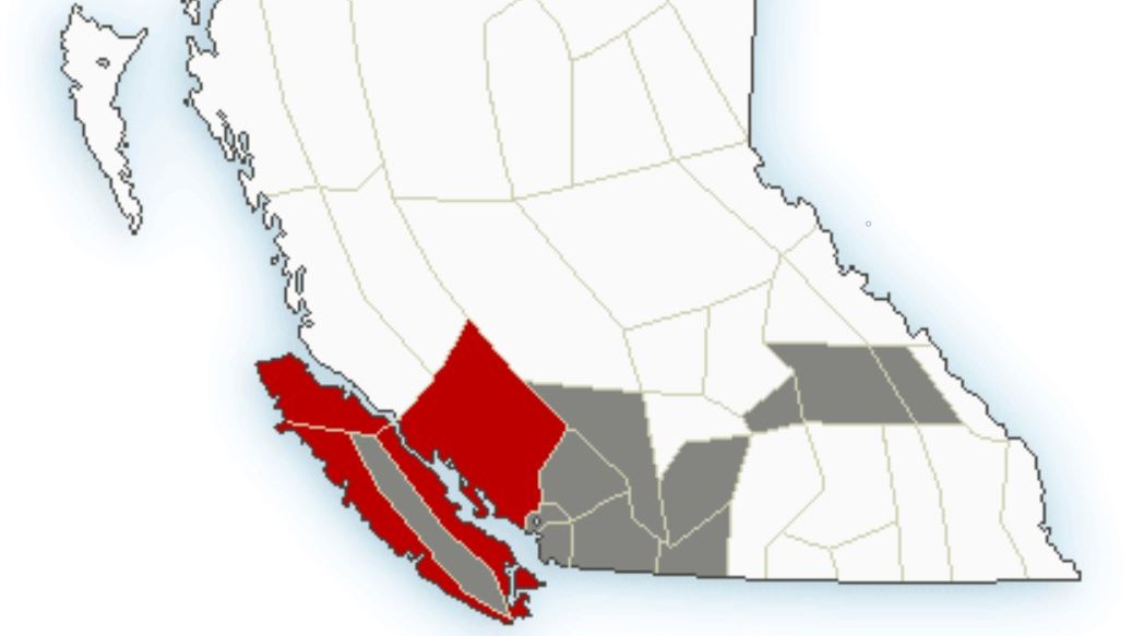 A map of B.C. showing special weather statements on Tuesday for strong wind along the South Coast and snow along Interior mountain passes. For the snow, Environment Canada is forecasting 5 to 10 cm over higher elevation passes.