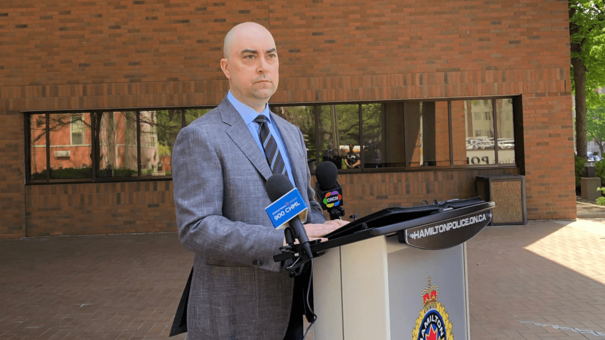 Det. Sgt. Steve Bereziuk reveals an arrest in the 2018 murder of Marko Bakir at Hamilton Police Central Station on May 20, 2022.