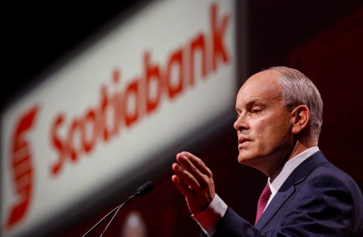 Brian Porter, president and CEO of Scotiabank, addresses the company's annual meeting in Calgary, Tuesday, April 12, 2016.