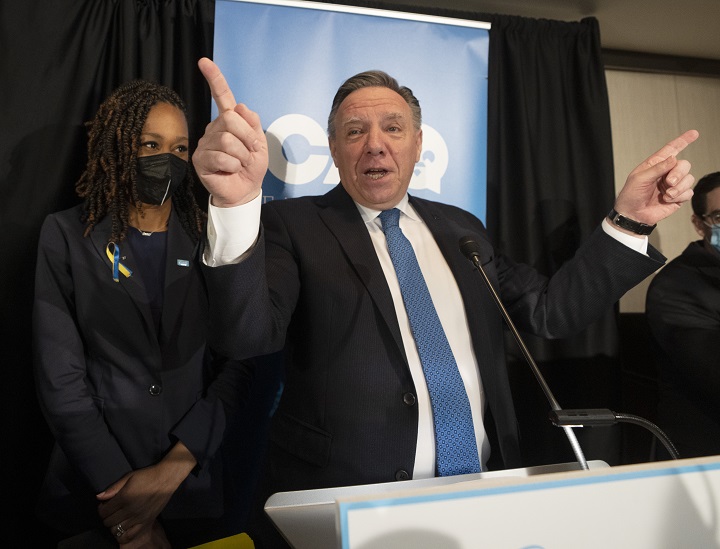 CAQ candidate Shirley Dorismond celebrates with Quebec Premier François Legault after winning the Marie-Victorin byelection in Longueuil, Que., Monday, April 11, 2022. 