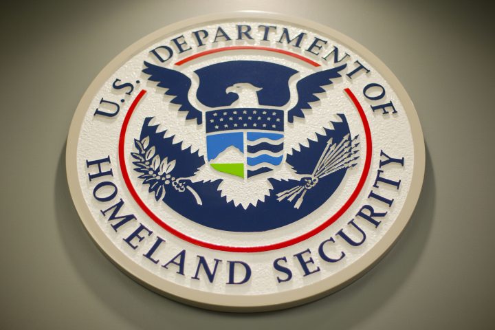 Homeland Security logo is seen during a joint news conference in Washington, Feb. 25, 2015.