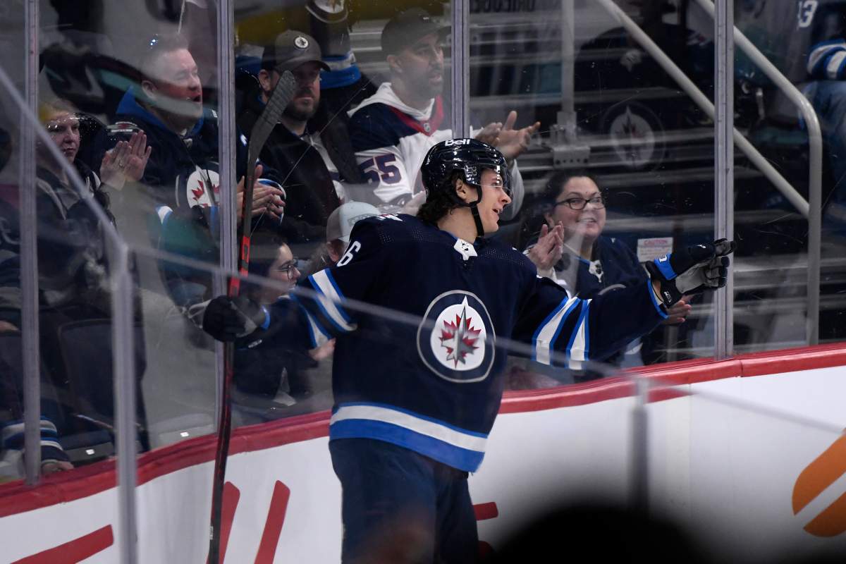 Winnipeg Jets’ Morgan Barron (36) celebrates his goal against the Seattle Kraken during the first period of NHL action in Winnipeg on Sunday, May 1, 2022.