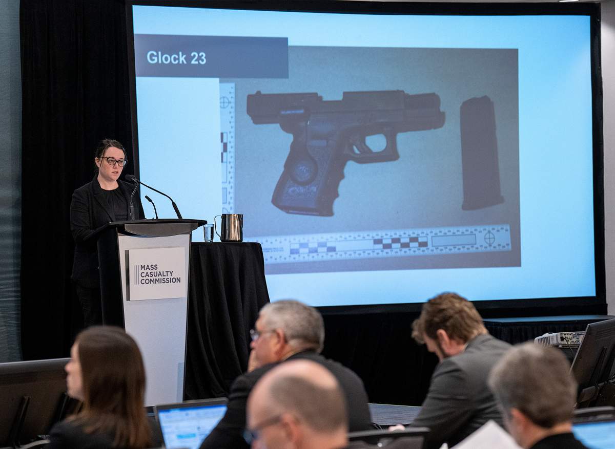 Commission counsel Amanda Byrd delivers information on possession and use of firearms by Gabriel Wortman at the Mass Casualty Commission inquiry into the mass murders in rural Nova Scotia on April 18/19, 2020, in Dartmouth, N.S. on Tuesday, May 3, 2022. Wortman, dressed as an RCMP officer and driving a replica police cruiser, murdered 22 people. THE CANADIAN PRESS/Andrew Vaughan