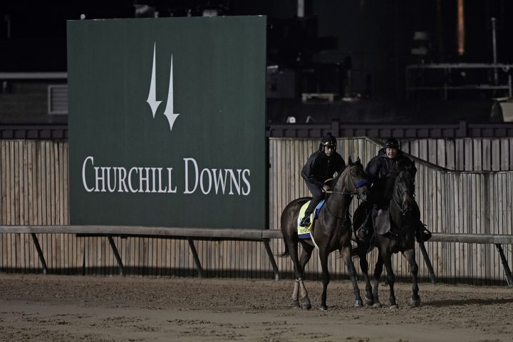 Kentucky Derby entrant Messier works out at Churchill Downs Friday, May 6, 2022, in Louisville, Ky. The 148th running of the Kentucky Derby is scheduled for Saturday, May 7.