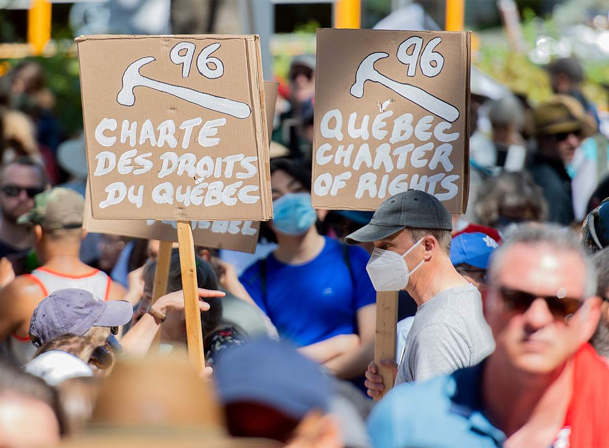 People take part in a demonstration against Bill 96 in Montreal, Saturday, May 14, 2022. THE CANADIAN PRESS/Graham Hughes