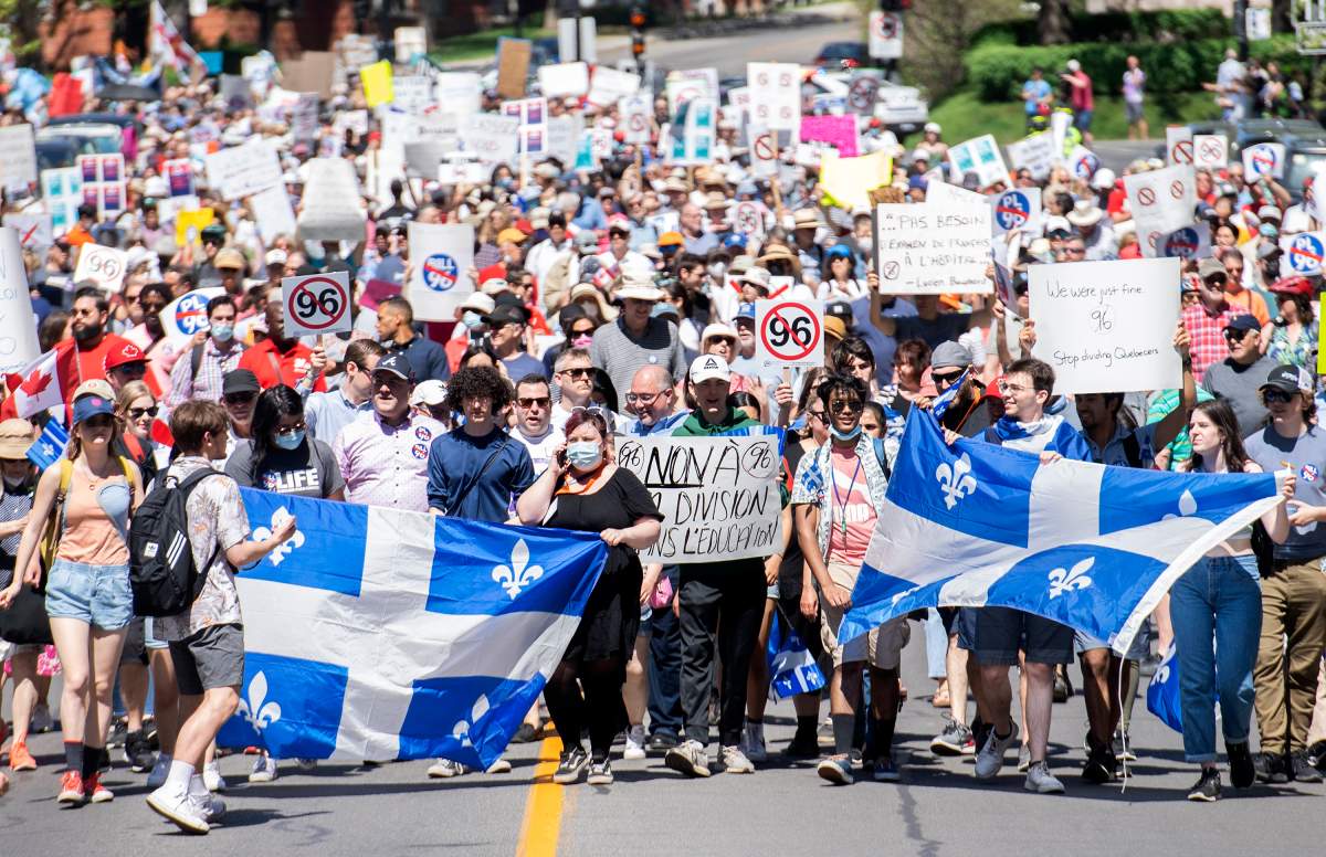 People take part in a demonstration against Bill 96 in Montreal, Saturday, May 14, 2022. THE CANADIAN PRESS/Graham Hughes