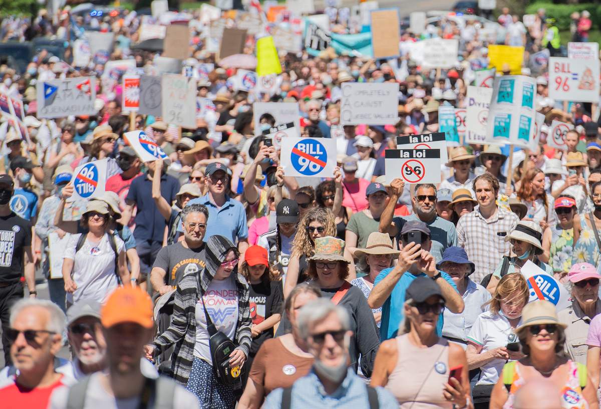 People take part in a demonstration against Bill 96 in Montreal, Saturday, May 14, 2022. THE CANADIAN PRESS/Graham Hughes