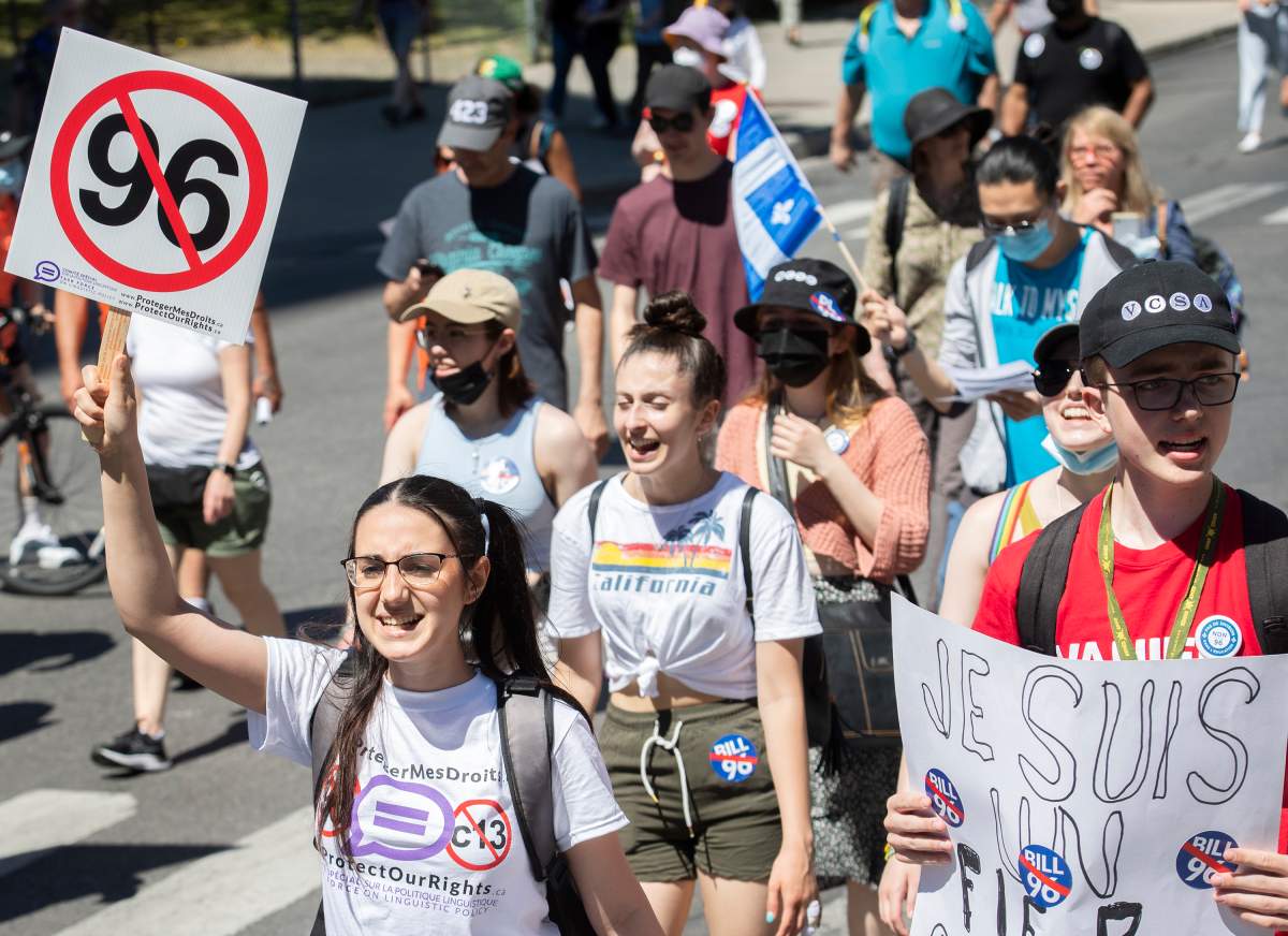 People take part in a demonstration against Bill 96 in Montreal, Saturday, May 14, 2022. THE CANADIAN PRESS/Graham Hughes