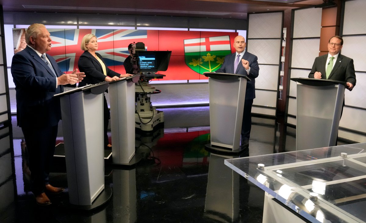 Ontario Progressive Conservative Party Leader Doug Ford, left to right, Ontario New Democratic Party Leader Andrea Horwath, Ontario Liberal Party Leader Steven Del Duca and Green Party of Ontario Leader Mike Schreiner debate during the Ontario party leaders' debate, in Toronto, Monday, May 16, 2022. THE CANADIAN PRESS/Frank Gunn.